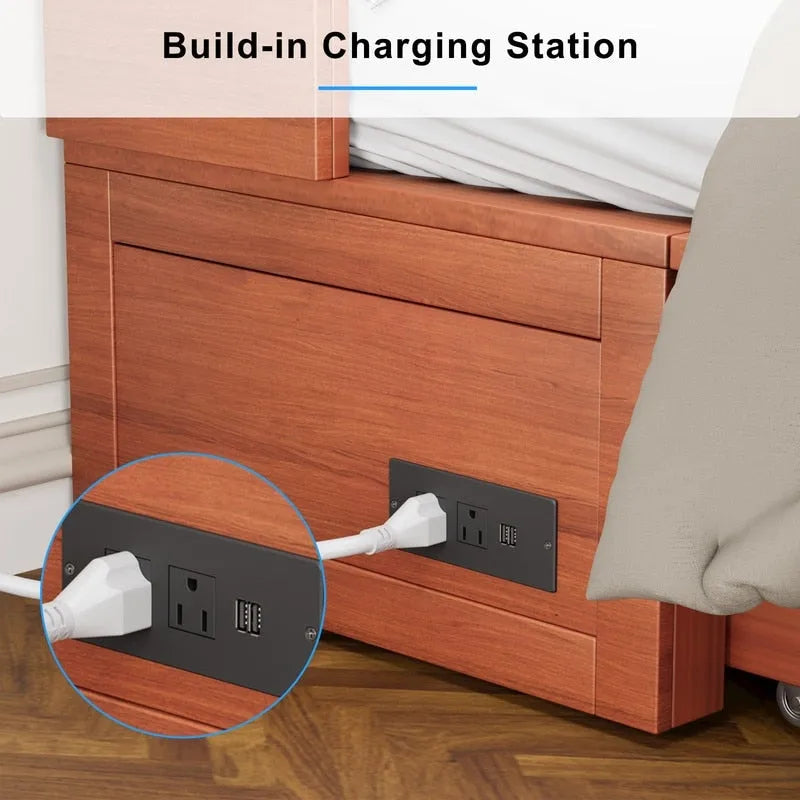Lit escamotable avec matelas pliable, lit-armoire cube moderne avec tiroir de rangement et station de charge USB