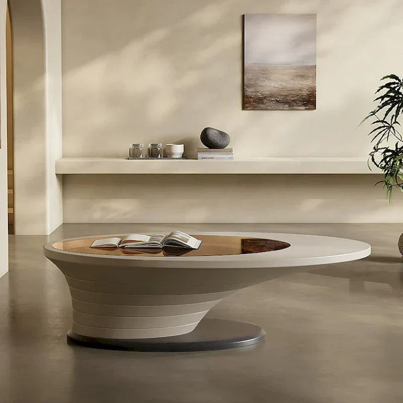 Table Basse Ovale en Verre Moderne Minimaliste Luxe Léger avec Base Grise 130 cm - L 130 cm x l 65 cm x H 36,5 cm