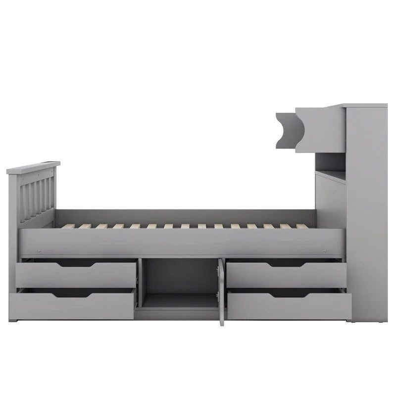 Lit plateforme capitaine double/grand avec 4 tiroirs et étagères de rangement, cadre de lit en bois massif avec tête de lit bibliothèque de rangement