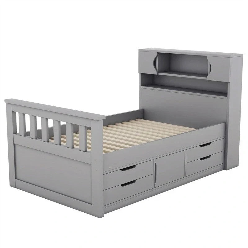 Lit plateforme capitaine double/grand avec 4 tiroirs et étagères de rangement, cadre de lit en bois massif avec tête de lit bibliothèque de rangement