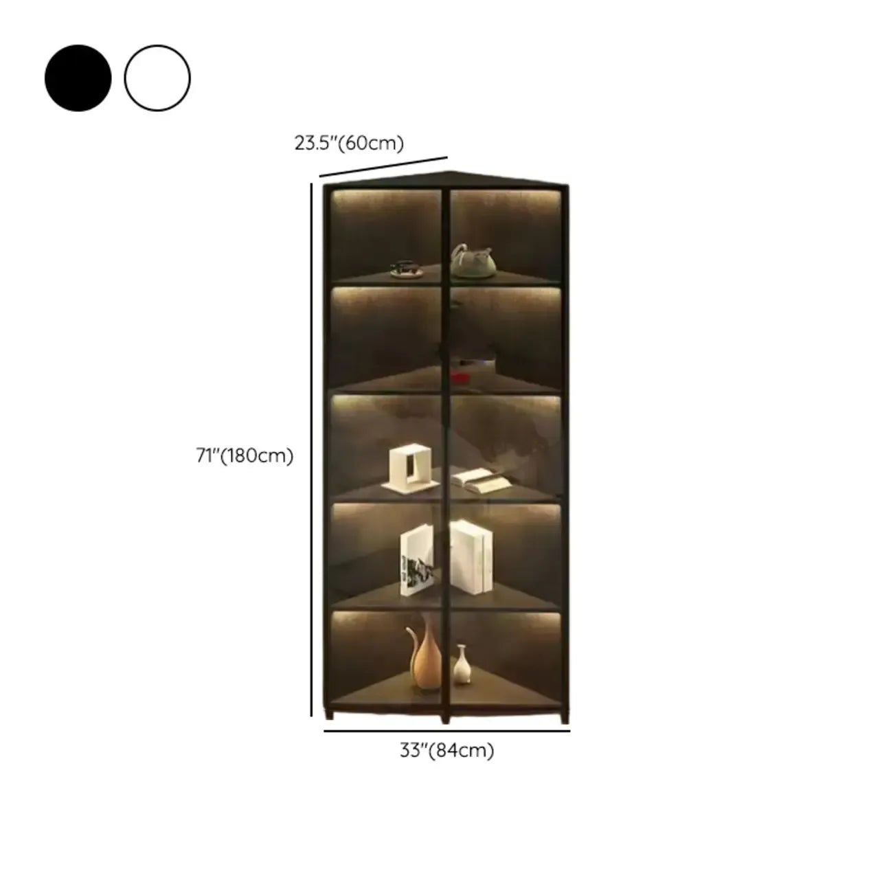 Meuble d'angle d'exposition moderne en bois et métal gris avec porte vitrée